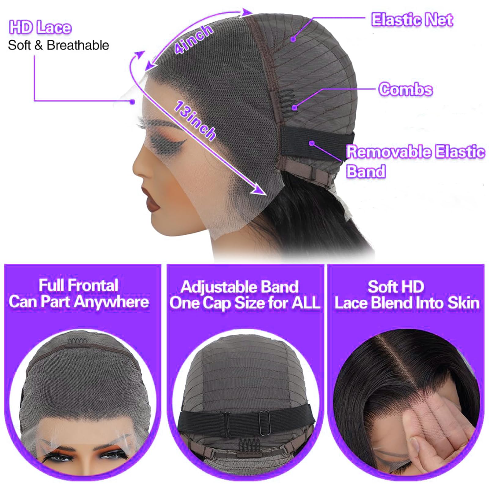 Momaksa deep wave wig demonstrating versatile parting options for middle, side, or high ponytail.