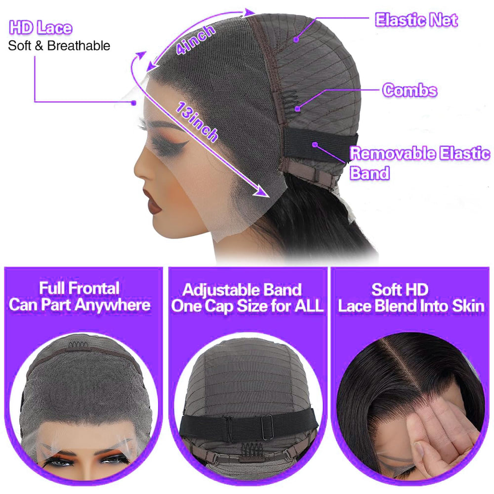 Momaksa deep wave wig demonstrating versatile parting options for middle, side, or high ponytail.