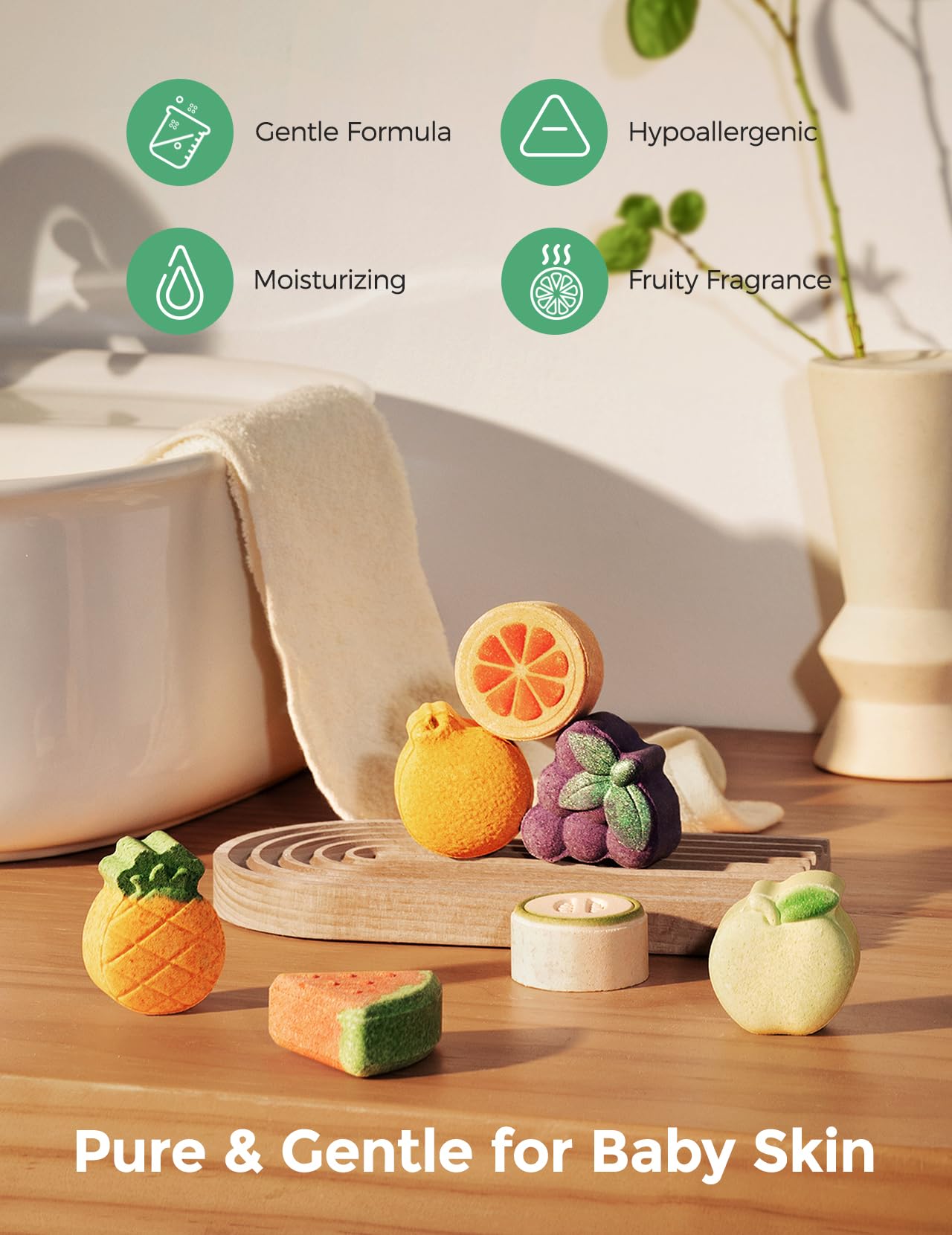 Momcozy apple-shaped bath bomb creates vibrant color fizz for a fun educational bath.