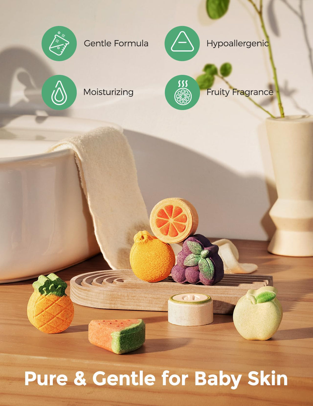 Momcozy apple-shaped bath bomb creates vibrant color fizz for a fun educational bath.