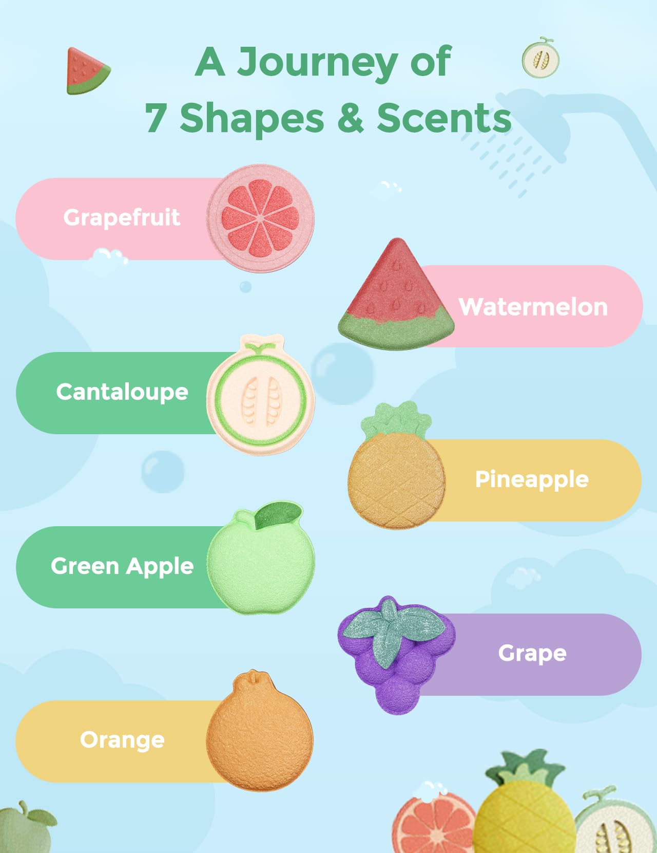 Momcozy fruit bath bombs collection displays seven shapes for varied sensory play and learning.