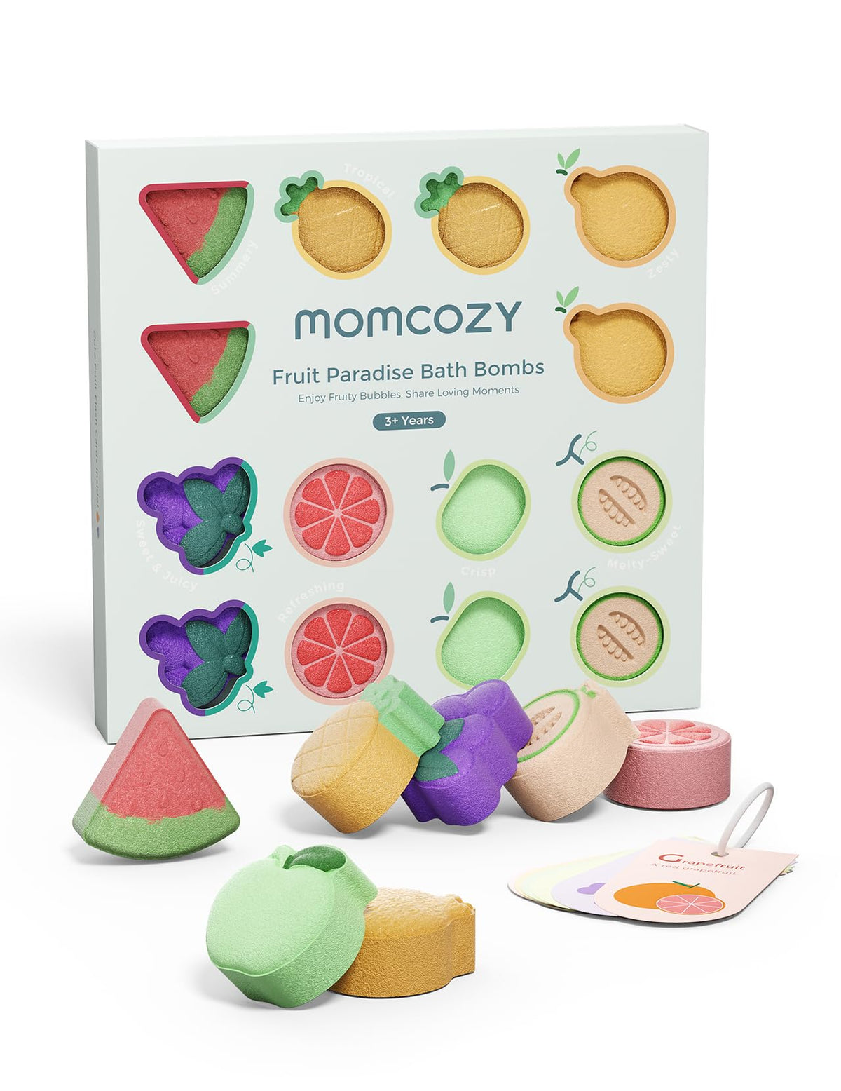 Momcozy fruit bath bombs packaging, gift-ready and kid-friendly for colorful bath time.