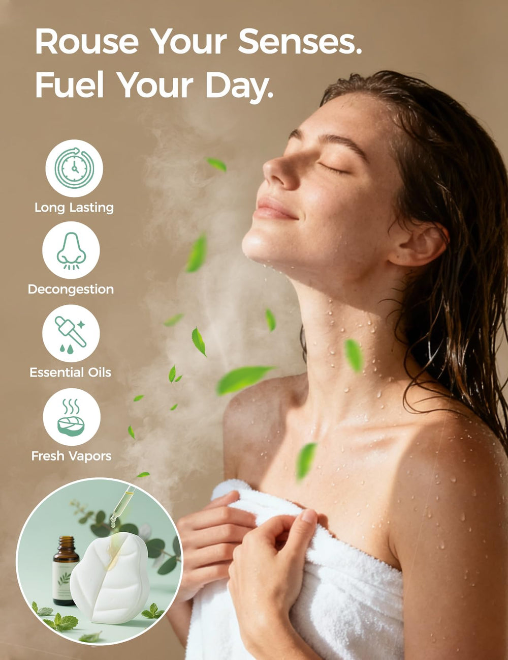 Momcozy shower steamers near shower spray edge for steady fragrance