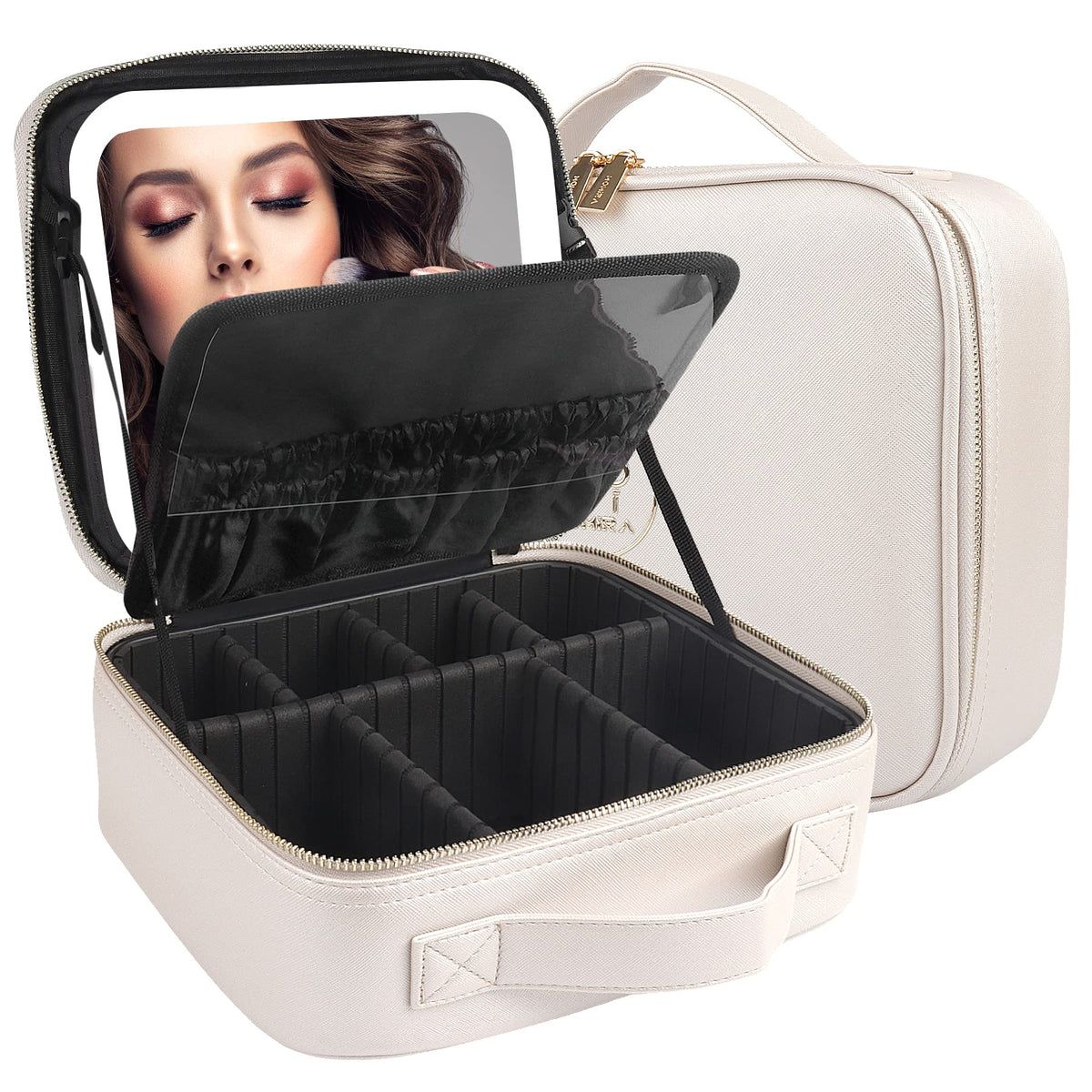 MOMIRA travel makeup bag exterior in khaki, durable PU leather for on-the-go use
