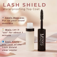 Mommy Makeup Lash Shield application over mascara creates a clear, sweat-proof seal.