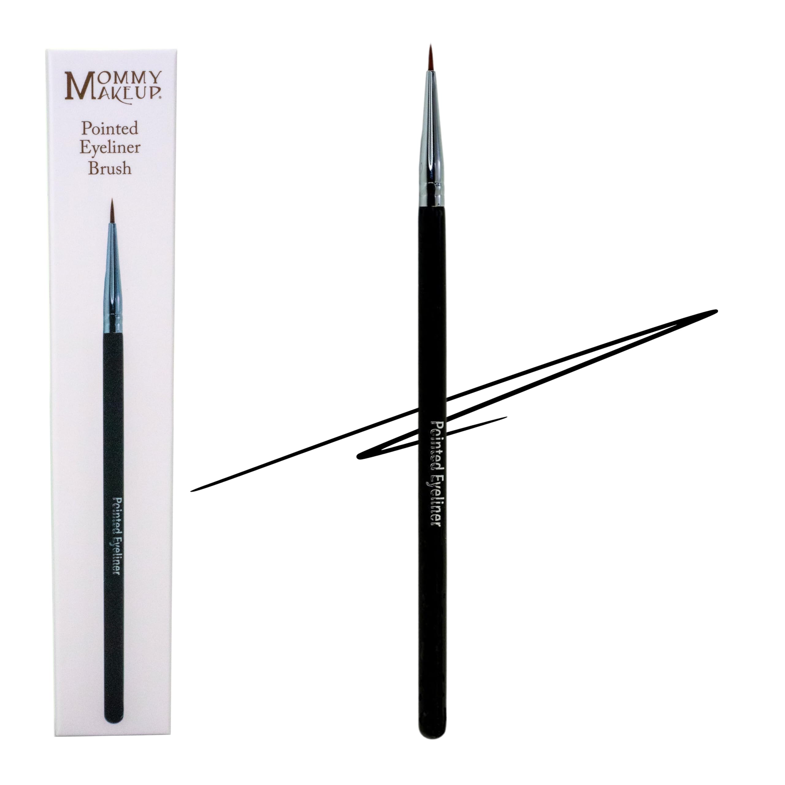 Mommy Makeup pointed eyeliner brush application demo highlights precise line creation.
