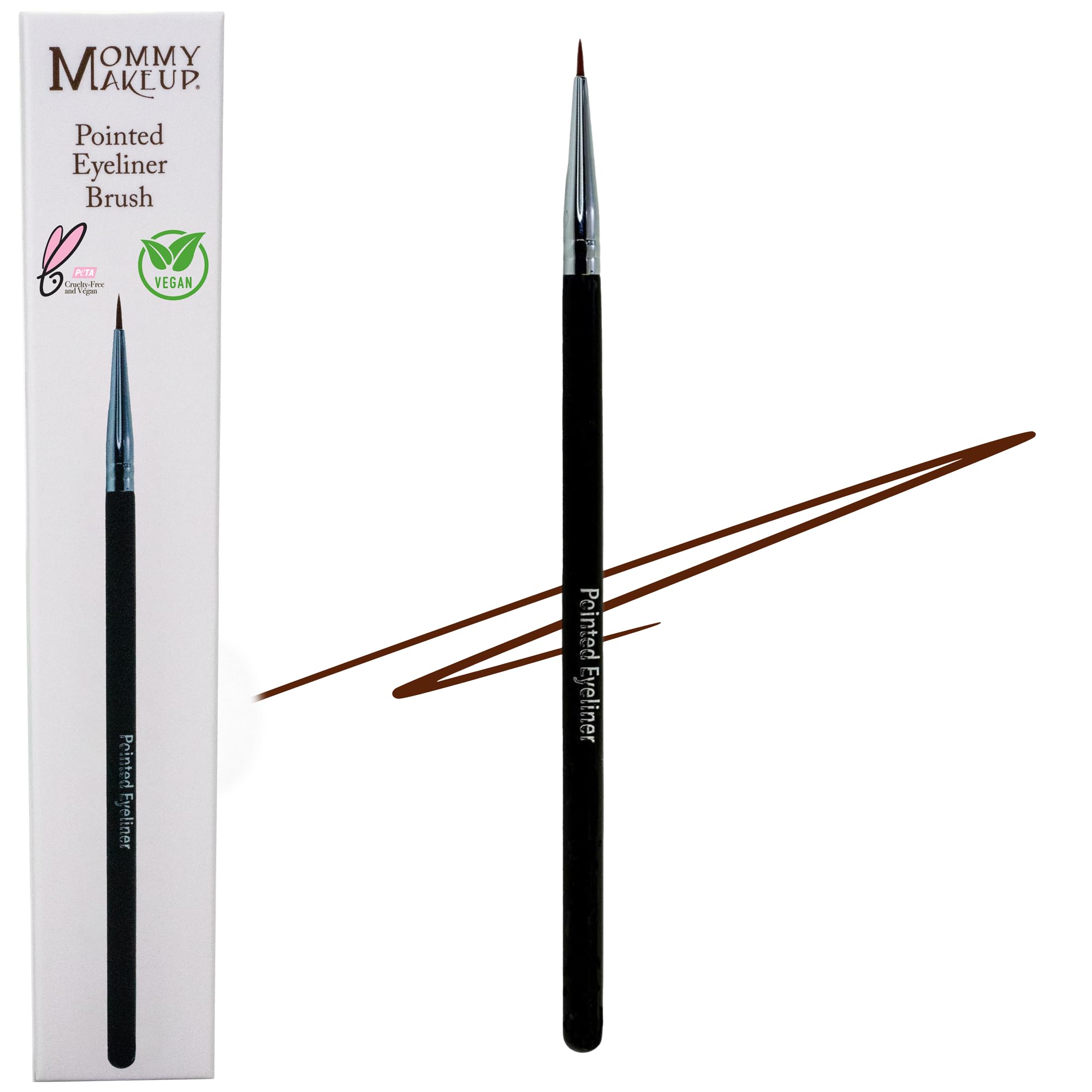 Mommy Makeup pointed eyeliner brush tip closeup for precise lash-line definition and clean lines.