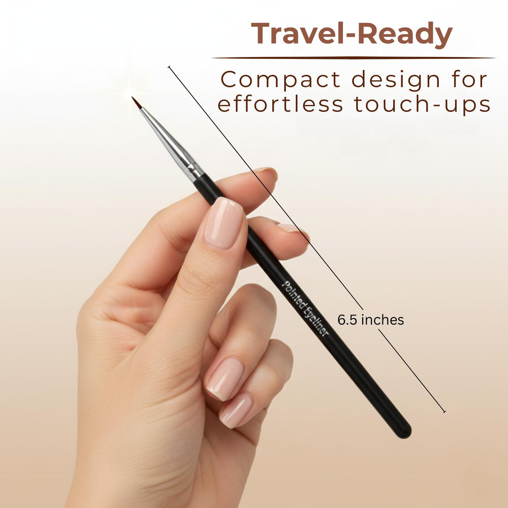 Mommy Makeup pointed eyeliner brush travel-friendly size for on-the-go touch-ups.