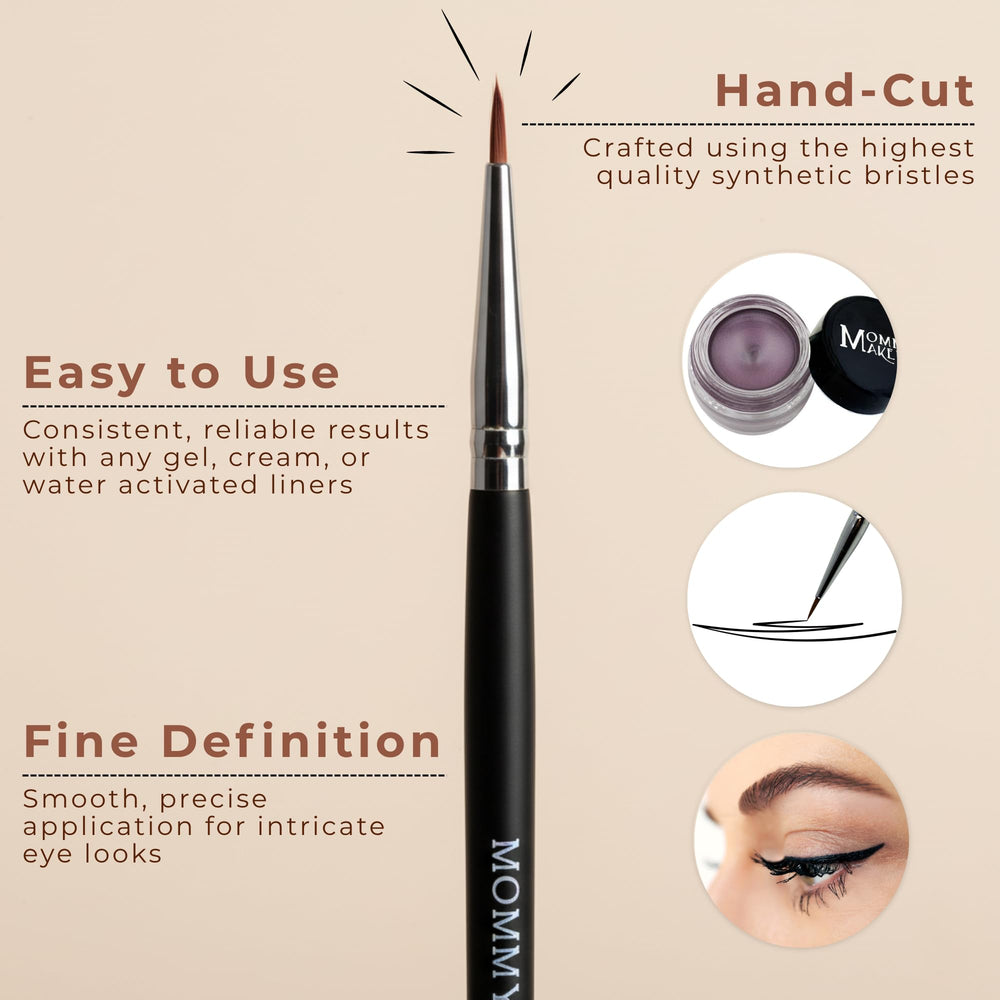 Mommy Makeup pointed eyeliner brush vegan bristles highlight clean pigment pickup and gentle application.