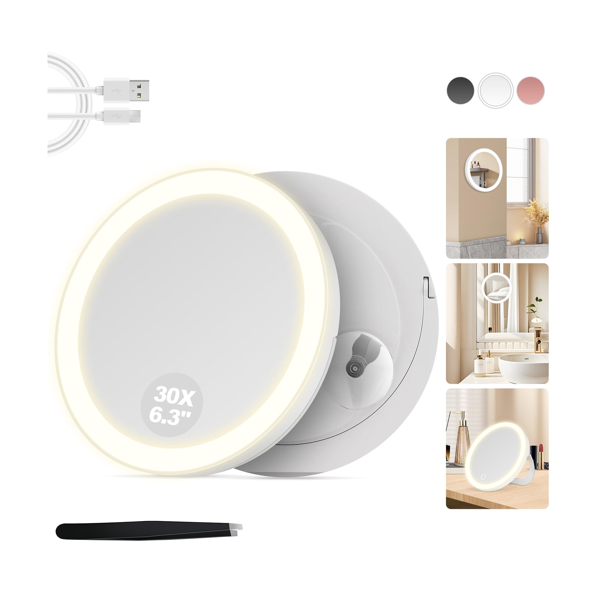 MOMOKUBA 30X magnifying mirror on suction cup for precise makeup inspection.