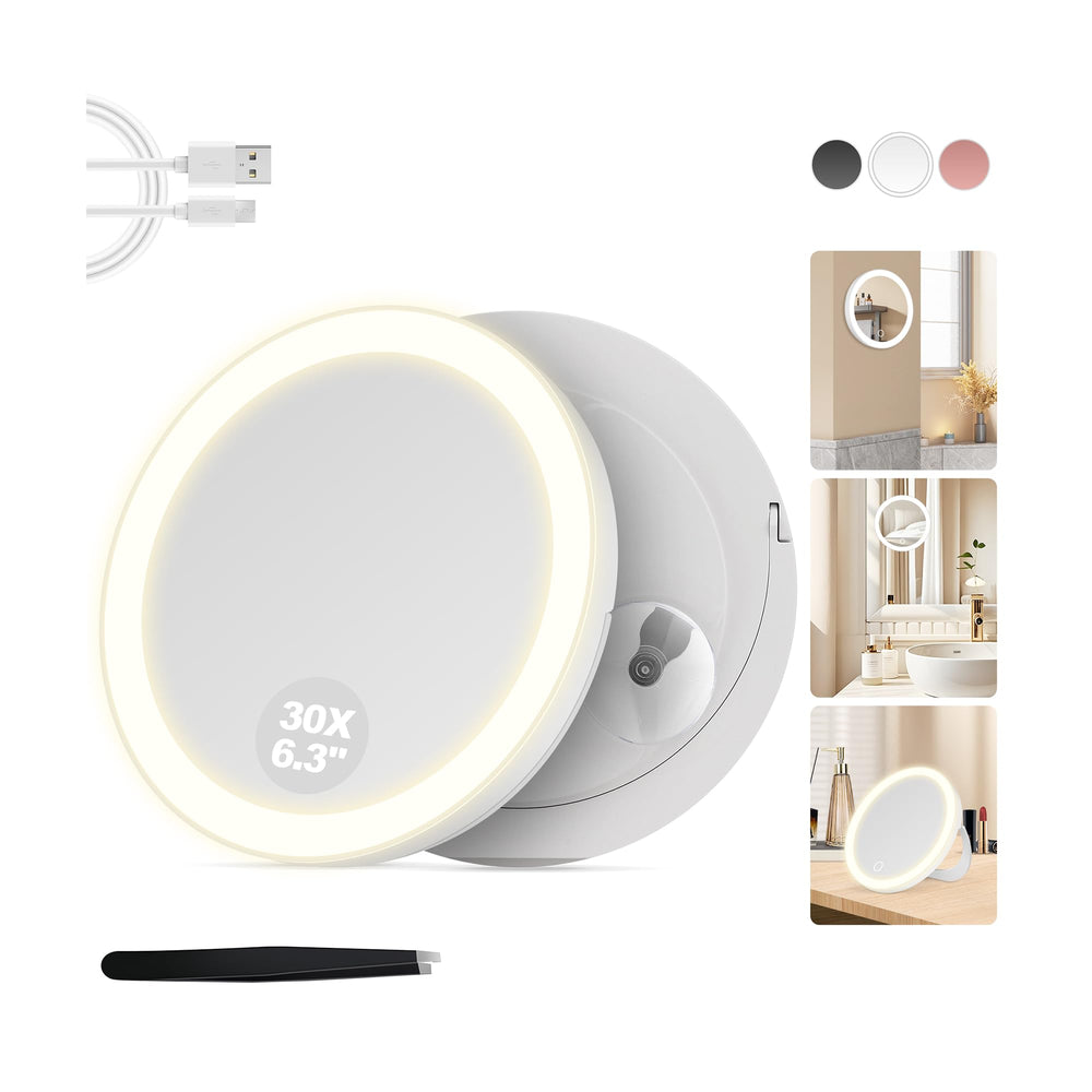 MOMOKUBA 30X magnifying mirror on suction cup for precise makeup inspection.