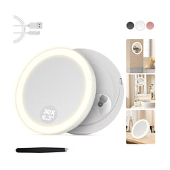 MOMOKUBA 30X magnifying mirror on suction cup for precise makeup inspection.