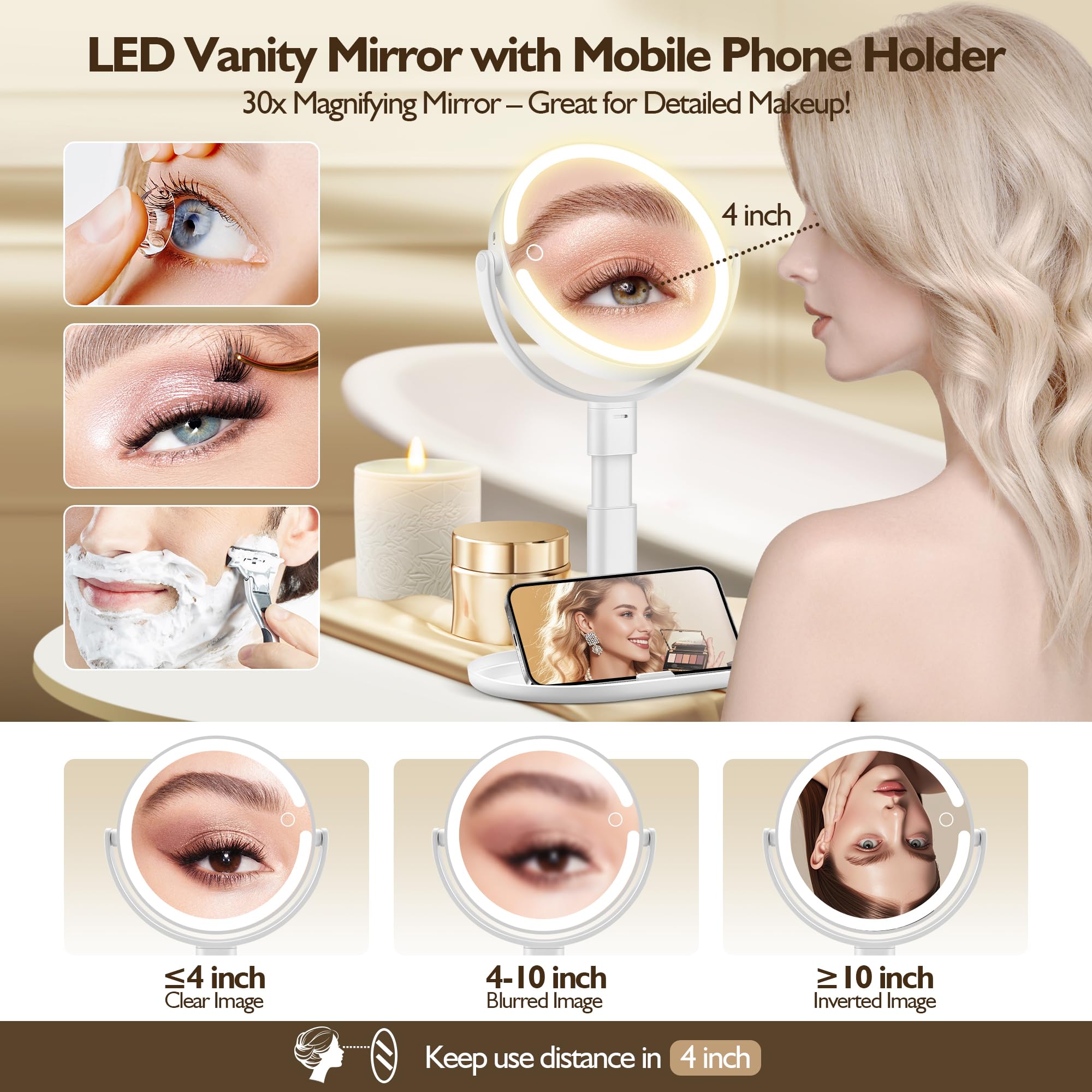MOMOKUBA mirror with 64 LEDs offering adjustable brightness for makeup
