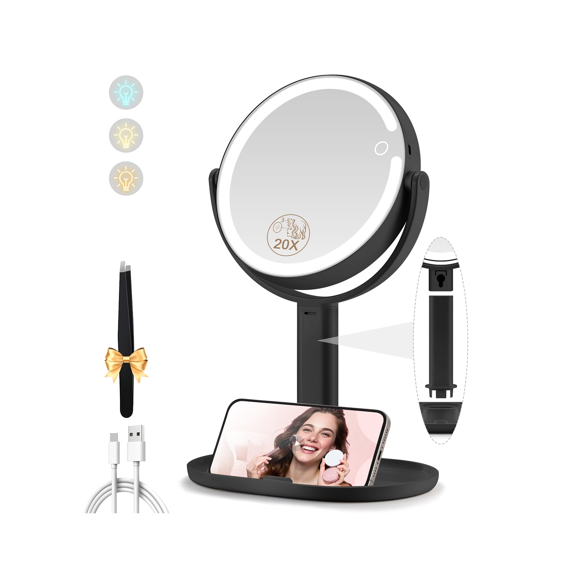 Momokuba makeup mirror with lights front view showing even illumination for daily makeup