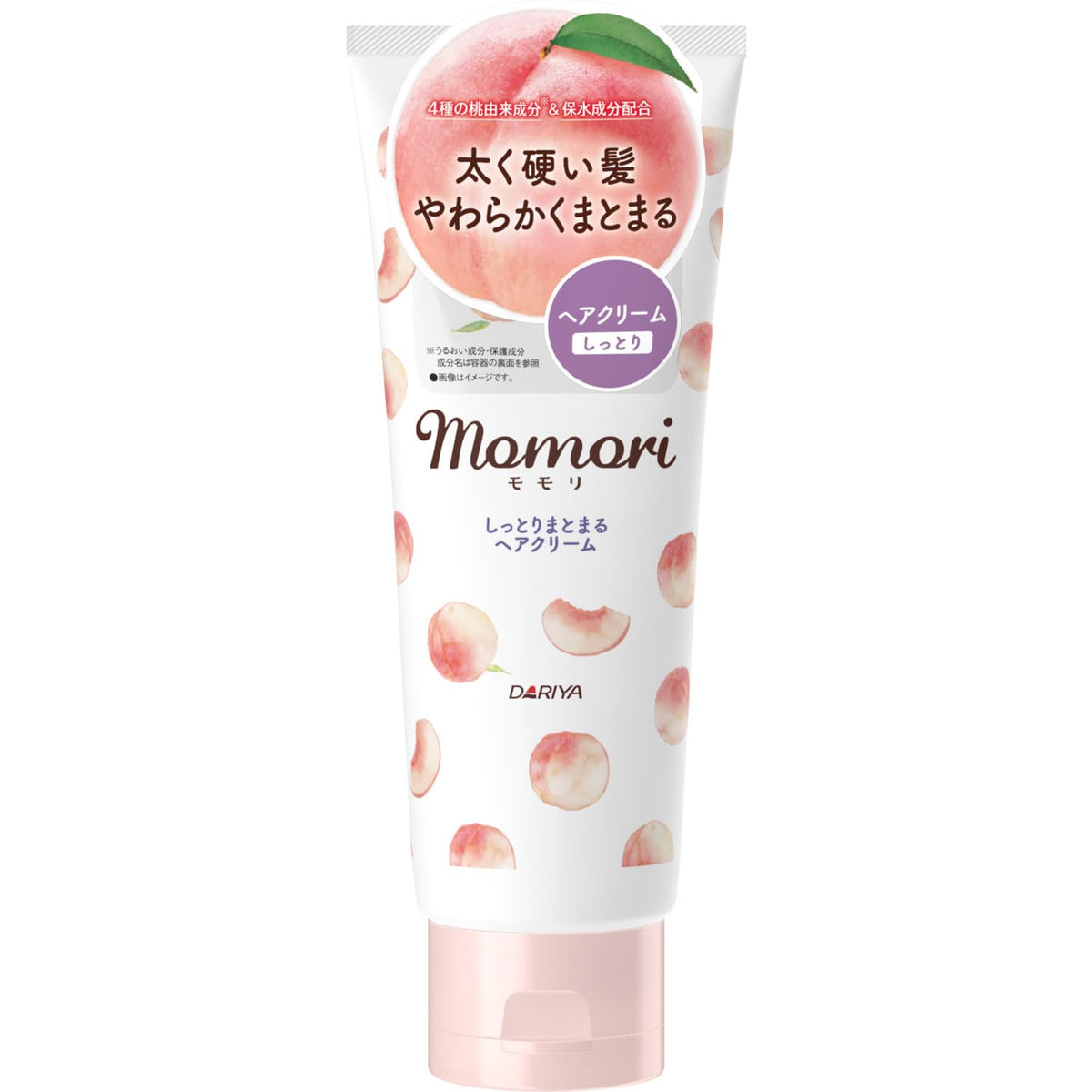 momori Thick Moist Hair Cream Dariya bottle closeup highlighting peach extract hydration benefits.