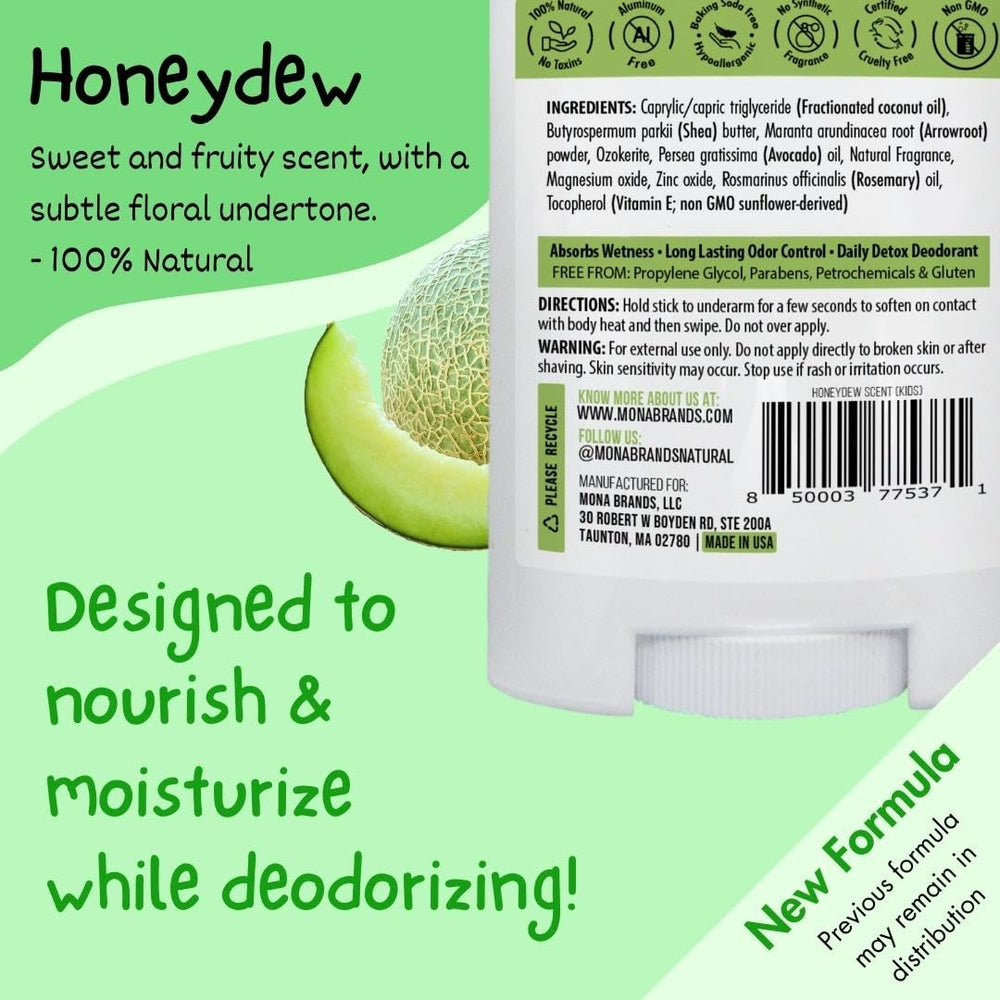 MONA Honeydew deodorant stick close-up reveals gentle, plant-based formula.