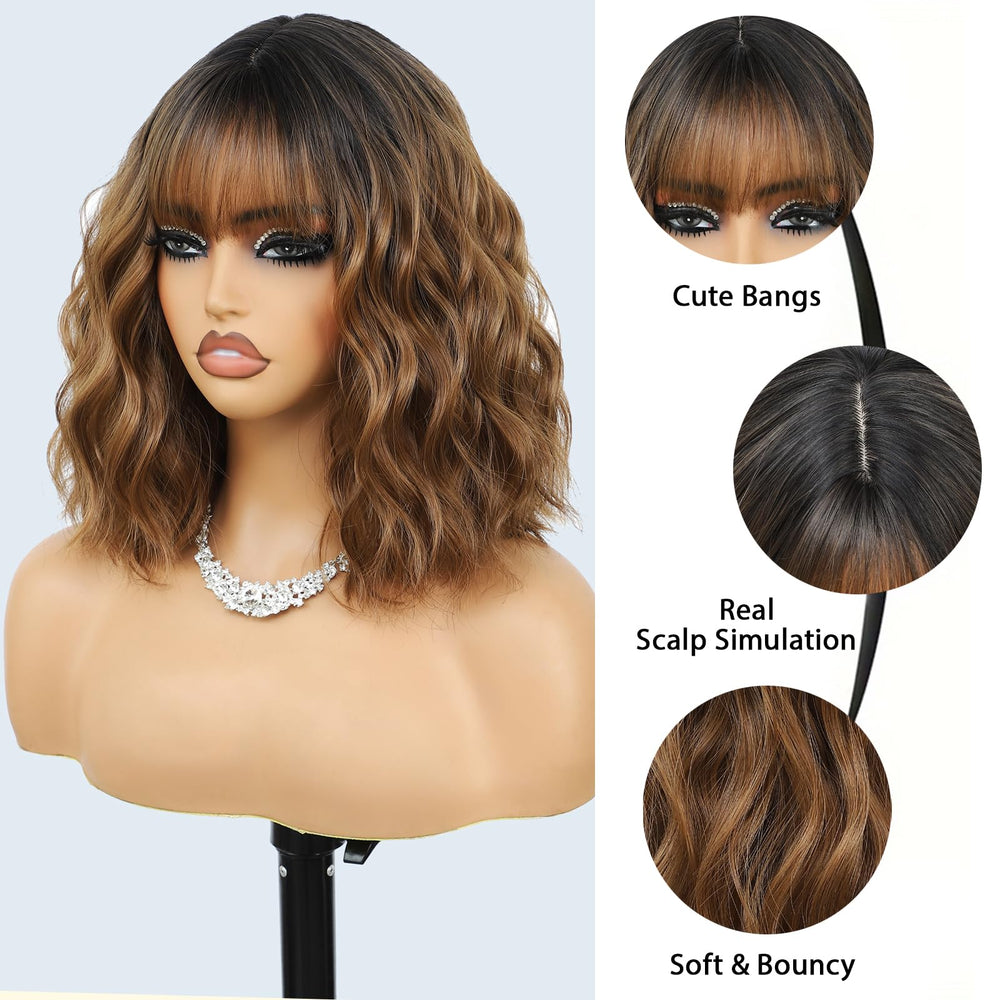 Monaluxe short bob wig bangs ombre blonde side view offers versatile styling options.