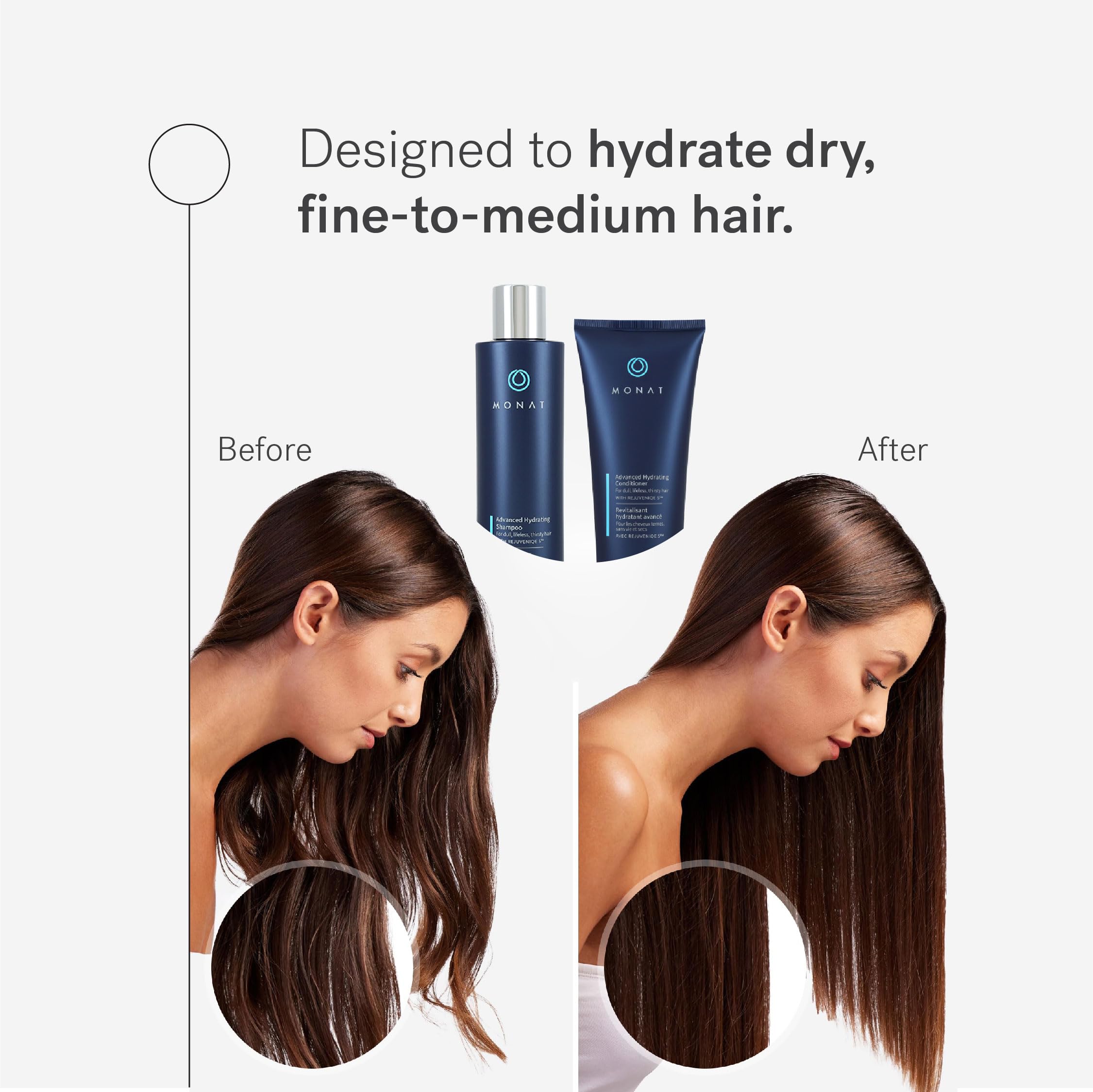 MONAT Advanced Hydration Conditioner bottle front emphasizes lightweight conditioning for frizz control.