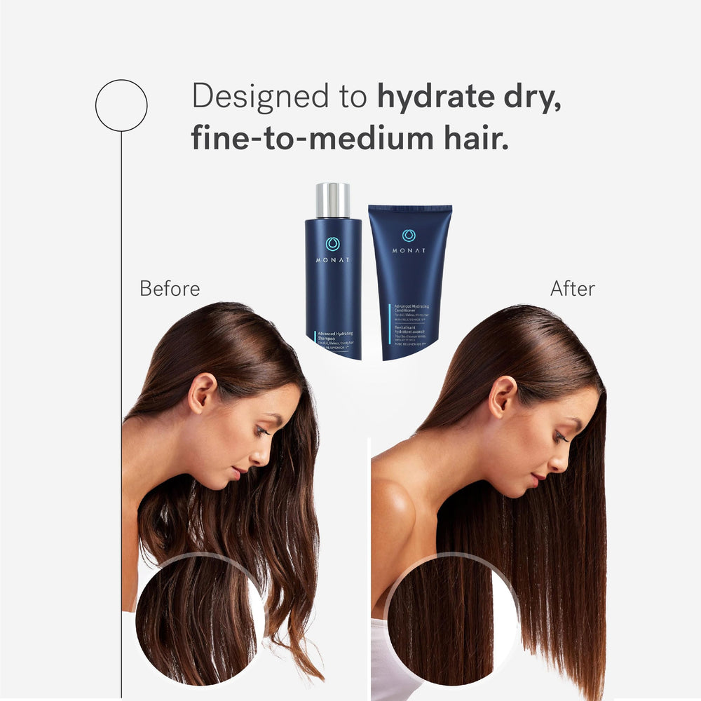 MONAT Advanced Hydration Conditioner bottle front emphasizes lightweight conditioning for frizz control.