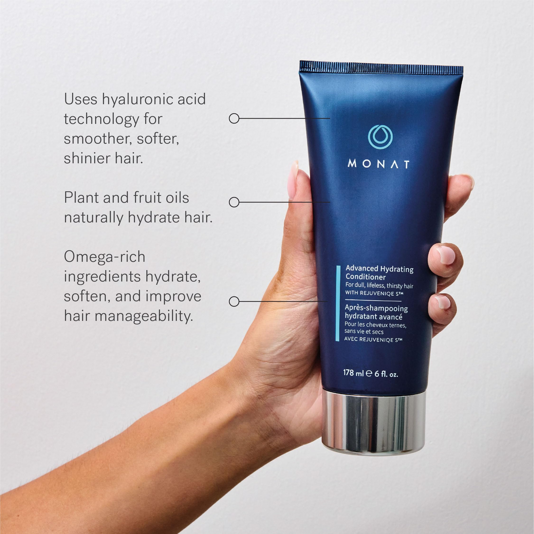 MONAT Advanced Hydration Shampoo texture close-up highlights creamy lather and rich moisture.
