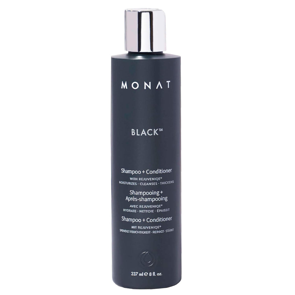 MONAT Black bottle pour demonstrates easy, 2-in-1 cleansing and conditioning in one step.