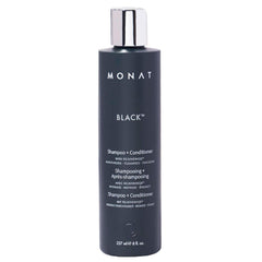 MONAT Black bottle pour demonstrates easy, 2-in-1 cleansing and conditioning in one step.