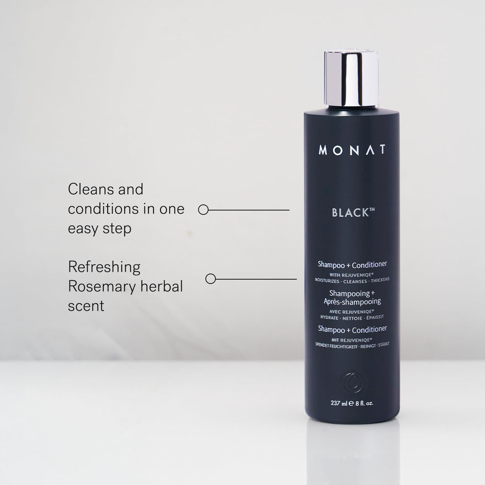 MONAT Black duo on shelf shows all hair types-friendly packaging.