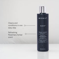 MONAT Black duo on shelf shows all hair types-friendly packaging.
