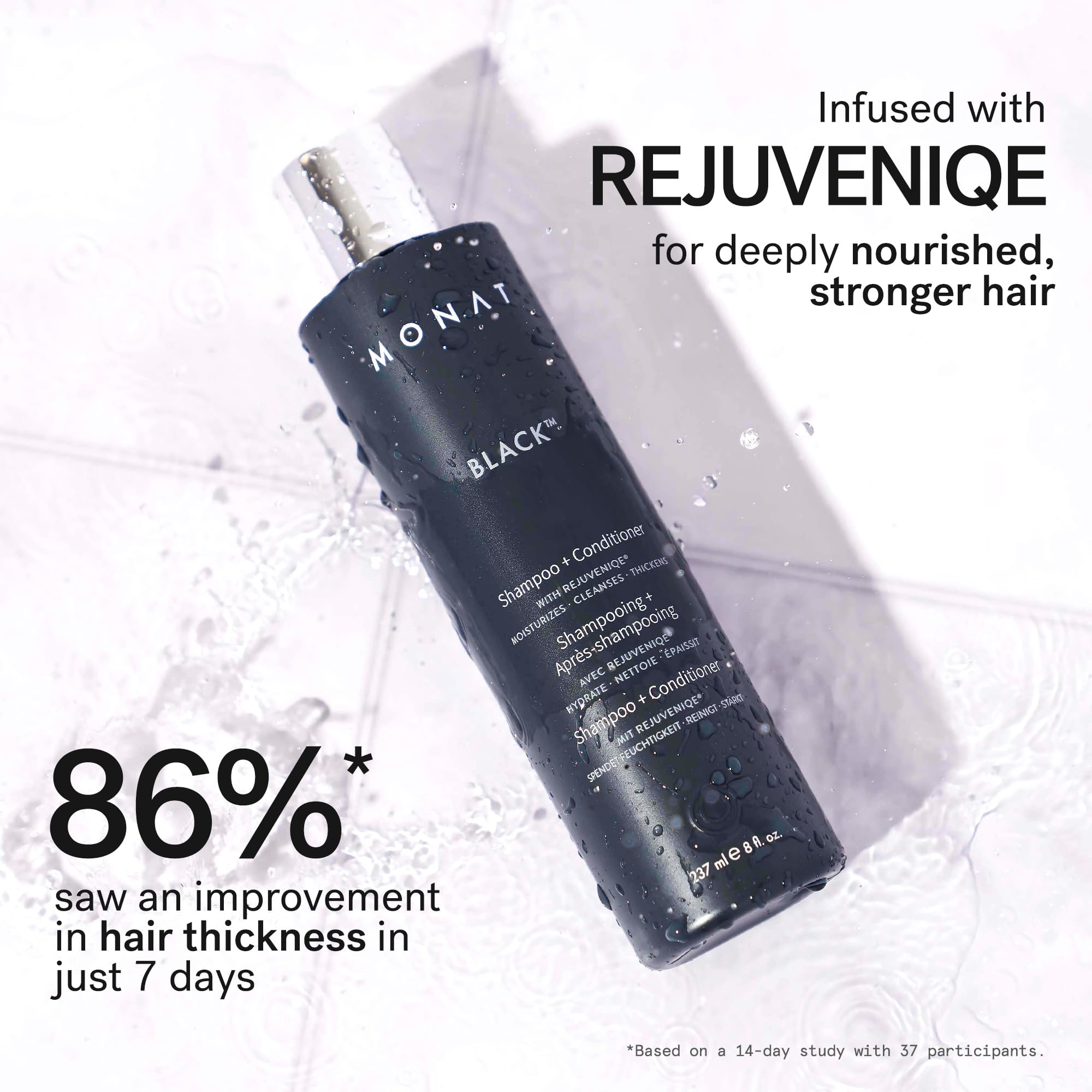 MONAT Black shampoo lather demonstrates gentle cleansing without stripping moisture.
