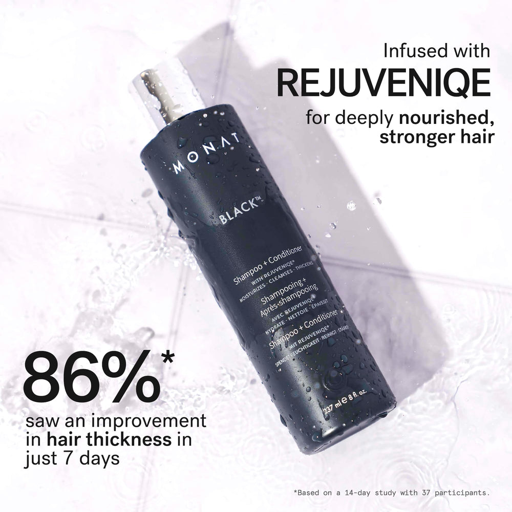 MONAT Black shampoo lather demonstrates gentle cleansing without stripping moisture.