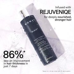 MONAT Black shampoo lather demonstrates gentle cleansing without stripping moisture.
