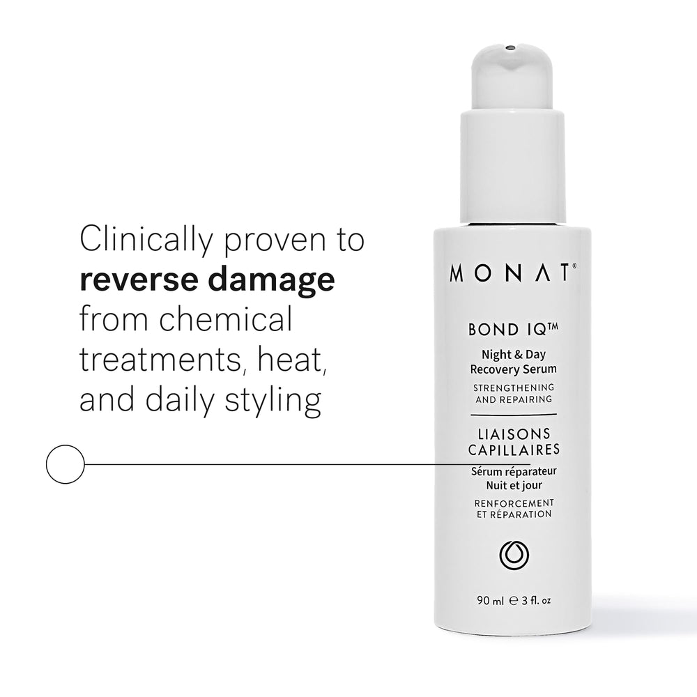 MONAT BOND IQ application on damp strand demonstrating frizz smoothing and end sealing