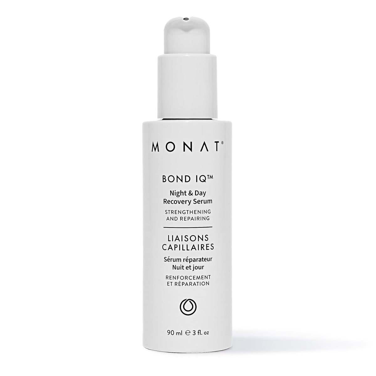 MONAT BOND IQ Night & Day serum bottle close-up showing bond-building repair for strengthened hair