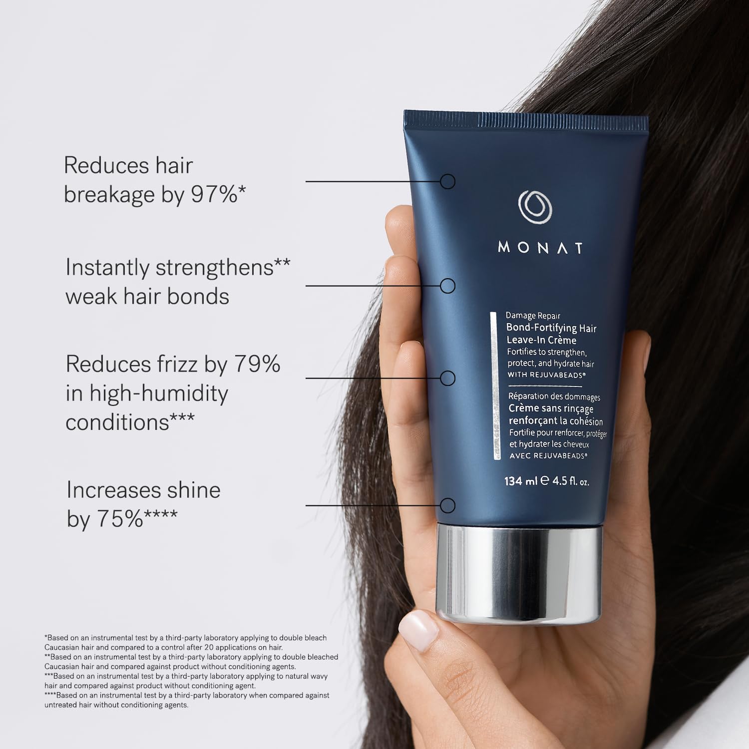 MONAT leave-in conditioner application on damp hair boosts shine and manageability.