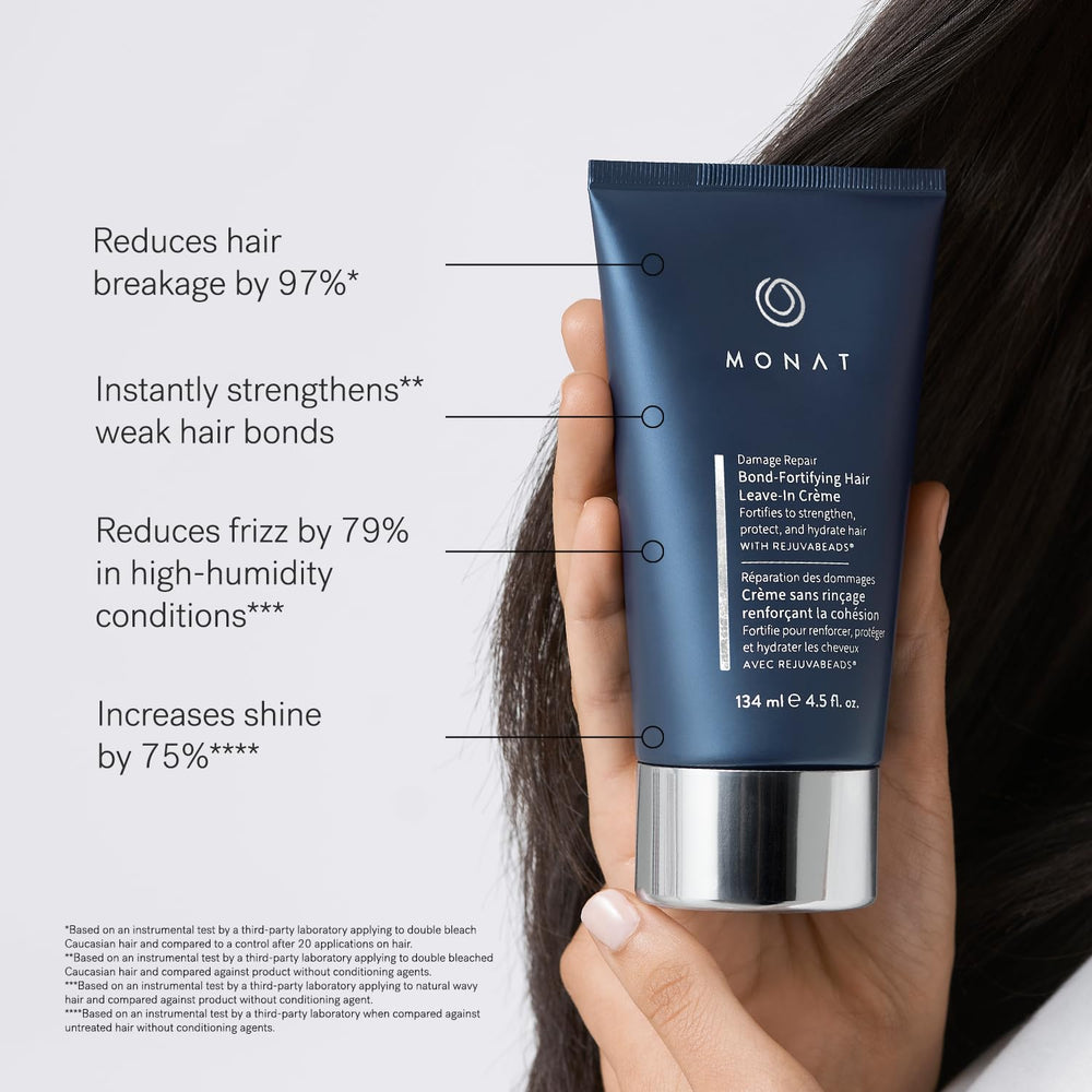 MONAT leave-in conditioner application on damp hair boosts shine and manageability.