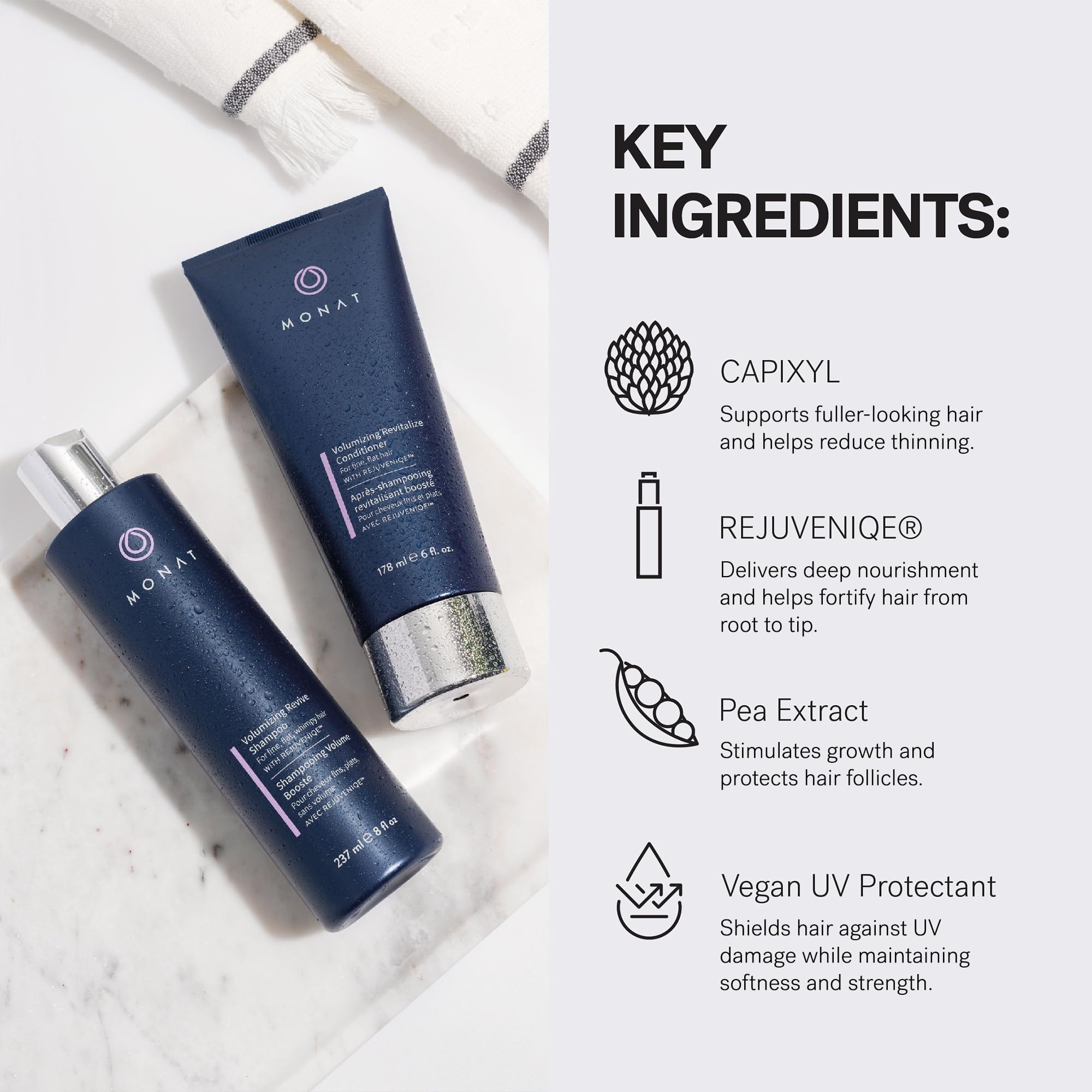 MONAT hair strands close-up shows soft shine and bounce from lightweight hydration.