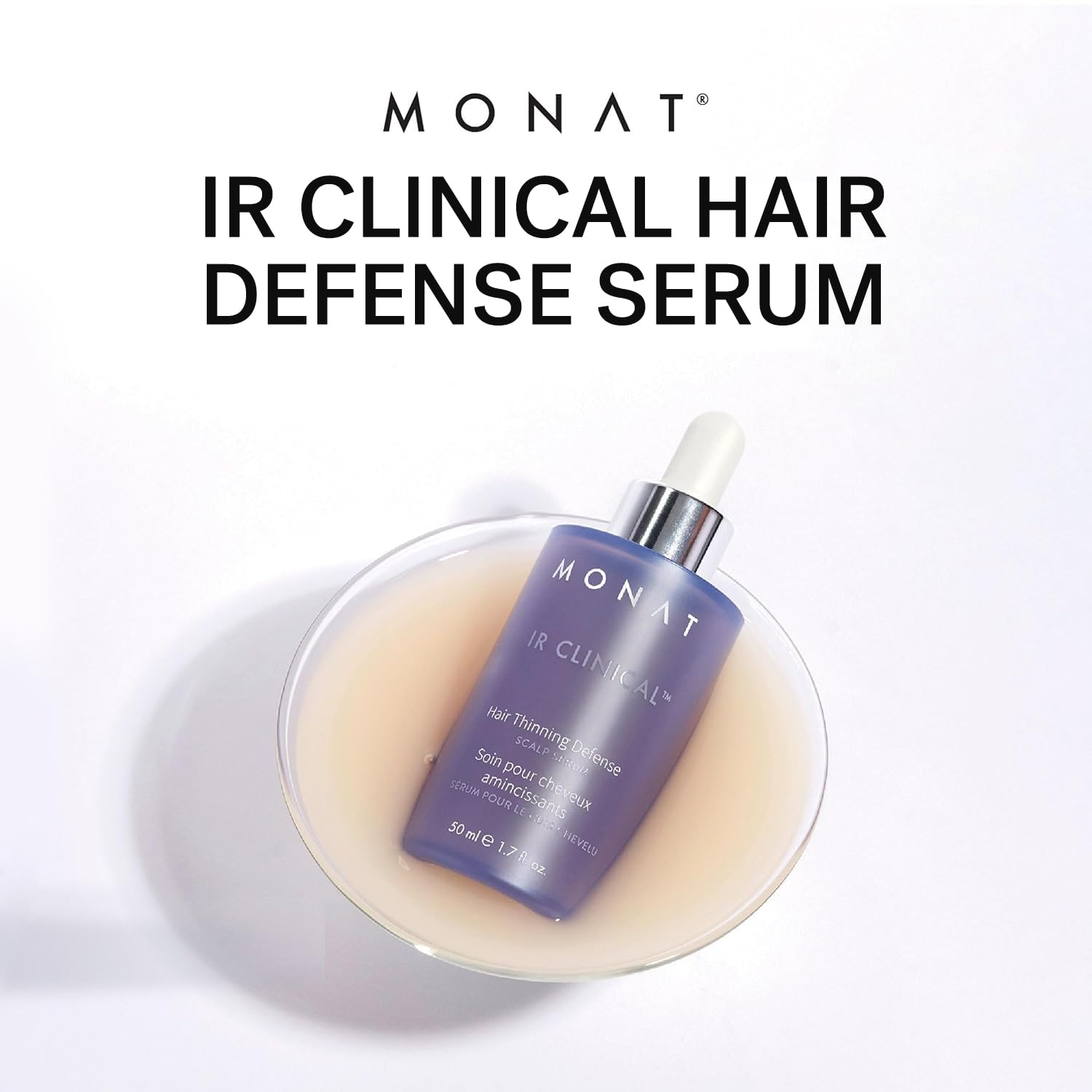 MONAT IR Clinical close-up bottle label — clean, vegan, sulfate-free claims.