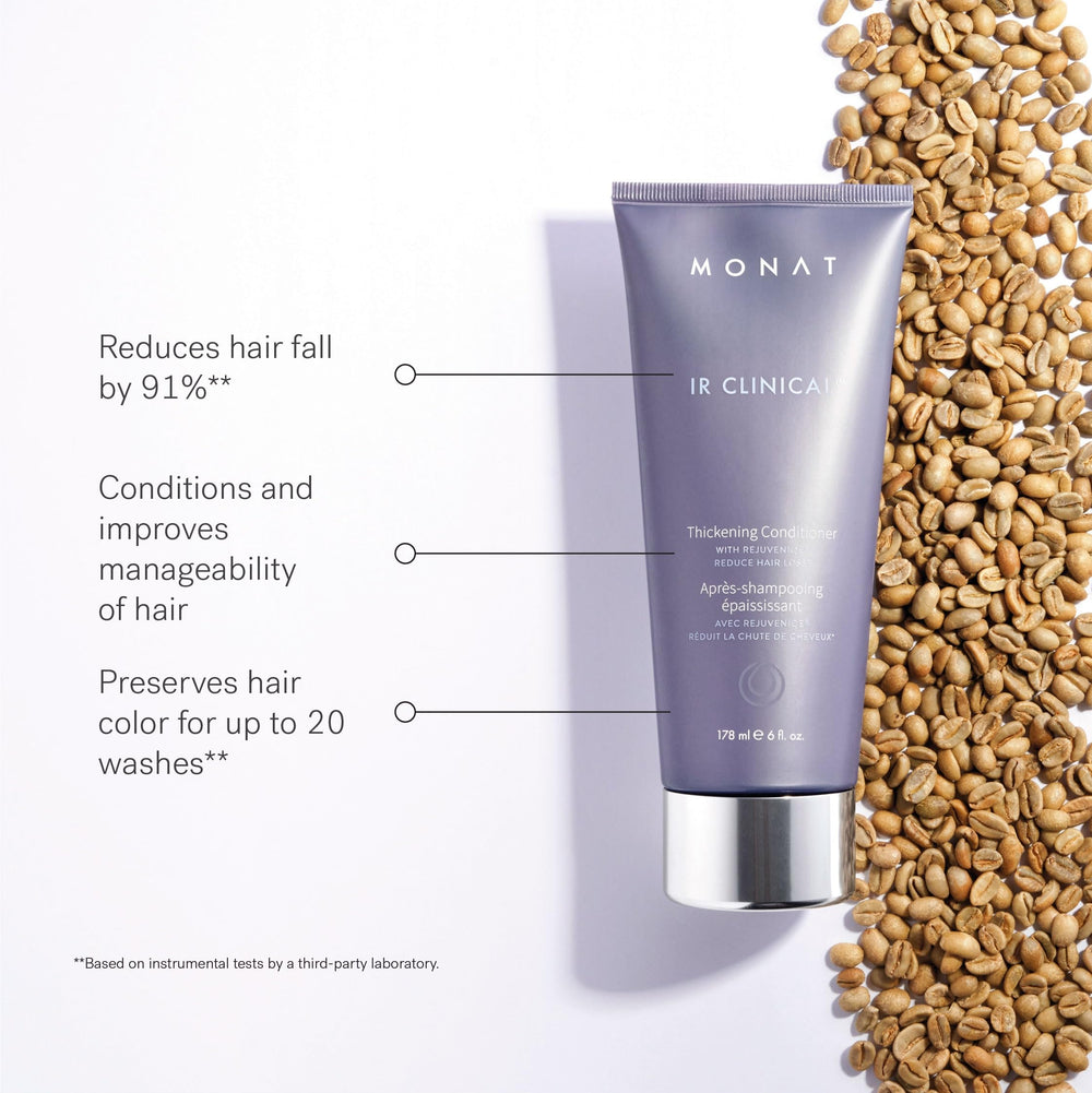 MONAT IR Clinical Thickening Conditioner application routine shown with scalp-focused massage.
