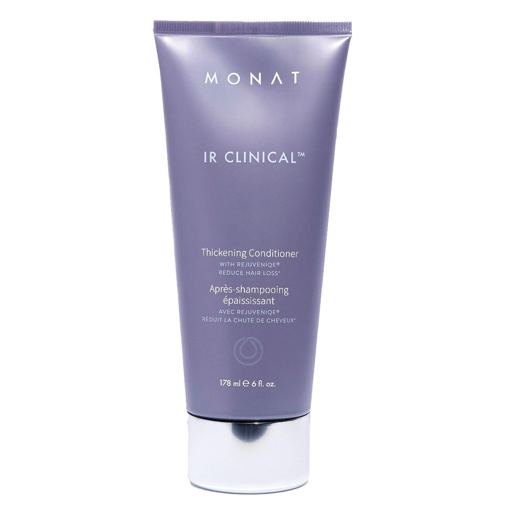 MONAT IR Clinical Thickening Conditioner bottle closeup shows vegan fuller-hair formula.