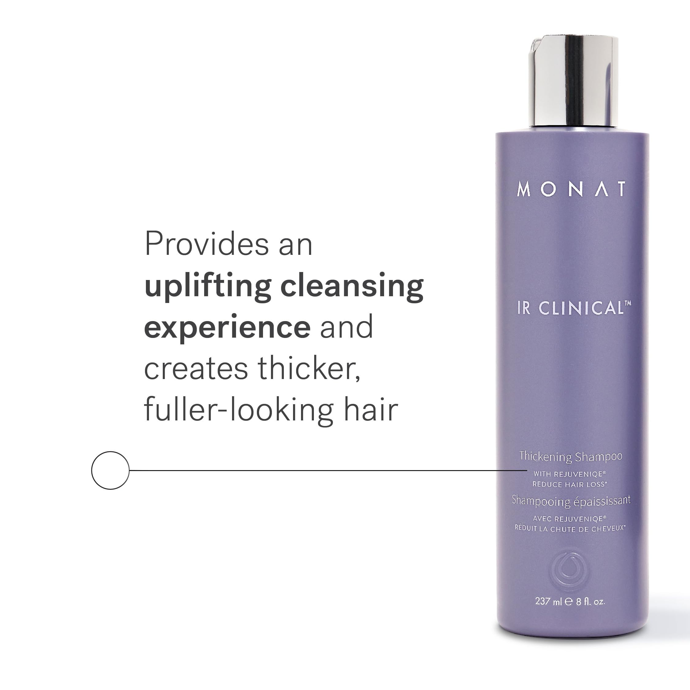 MONAT IR Clinical Thickening Shampoo bottle back highlights vegan, sulfate-free ingredients and safety