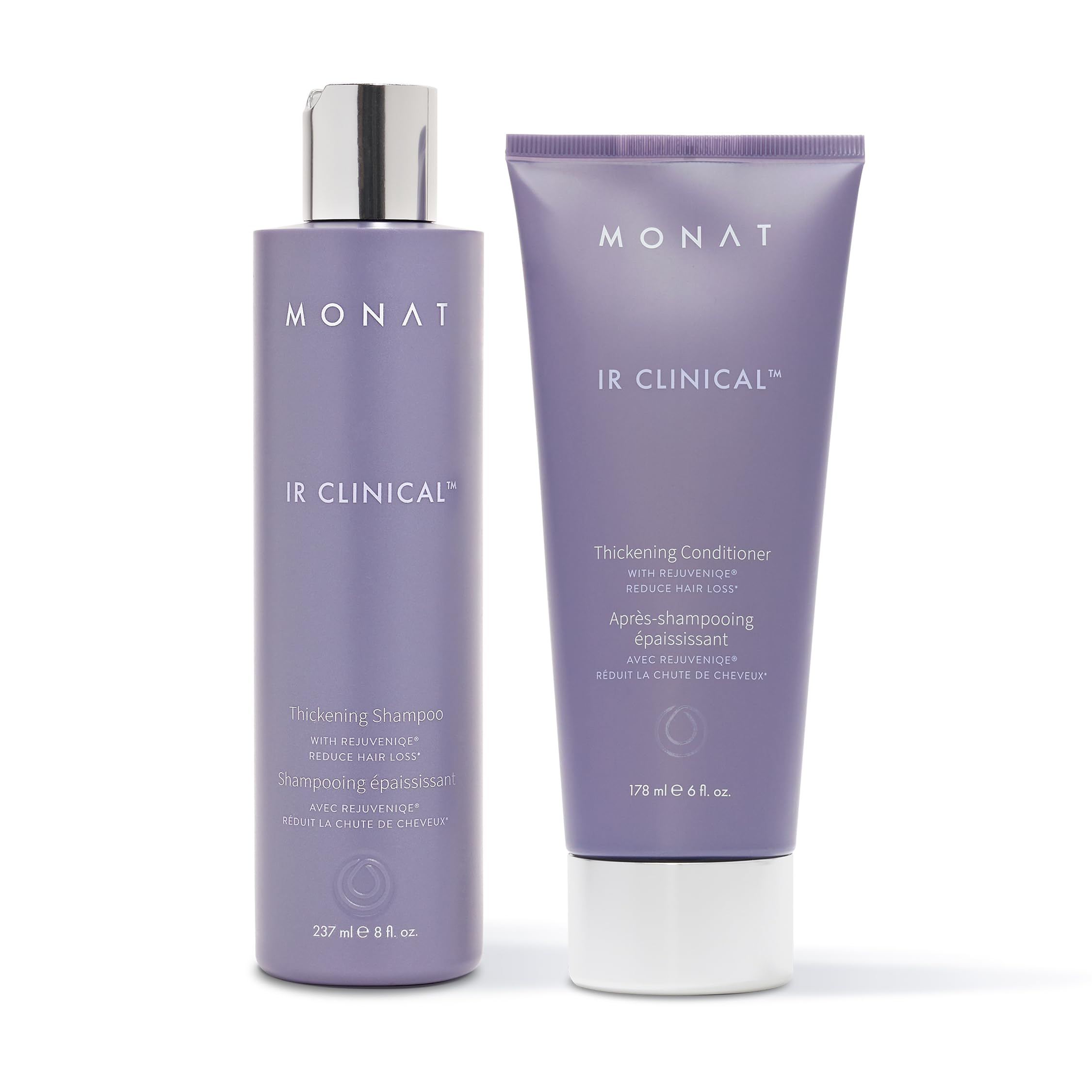 MONAT IR Clinical Thickening Shampoo bottle pour hints at fuller-looking roots.