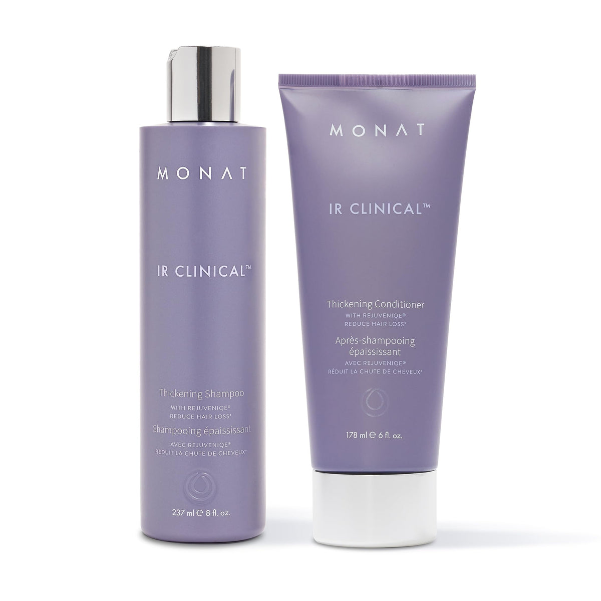 MONAT IR Clinical Thickening Shampoo bottle pour hints at fuller-looking roots.