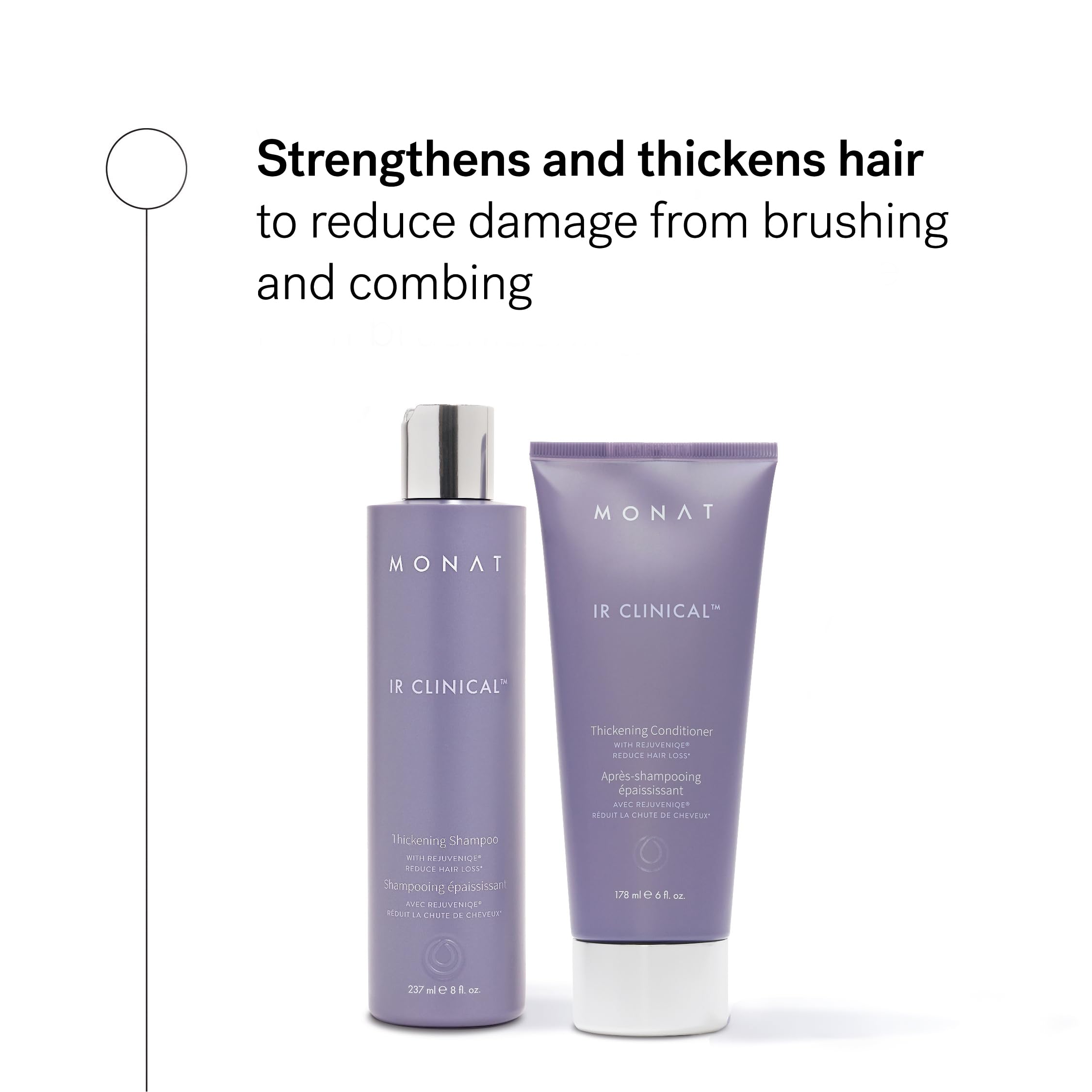 MONAT IR Clinical Thickening Shampoo label close-up highlights rosemary and pea extract nourishment.