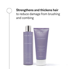 MONAT IR Clinical Thickening Shampoo label close-up highlights rosemary and pea extract nourishment.