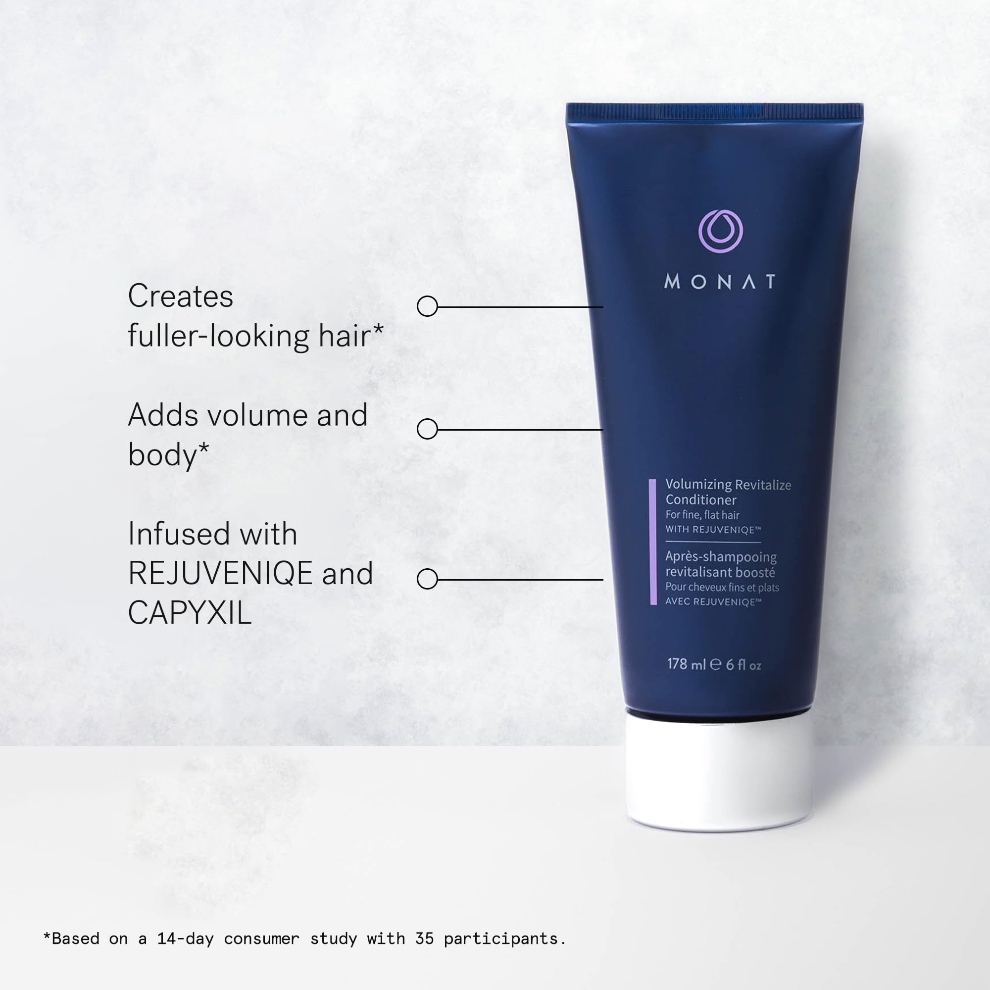 MONAT Rejuveniqe infusion drop close-up highlights nourishing blend for resilient strands.