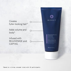 MONAT Rejuveniqe infusion drop close-up highlights nourishing blend for resilient strands.