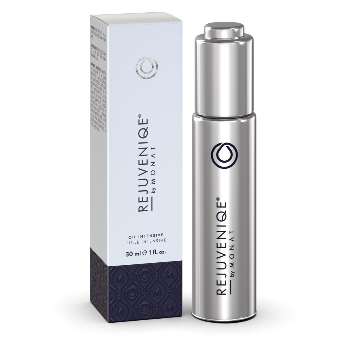 MONAT REJUVENIQE Oil bottle close-up highlighting 13+ oils for hydration.