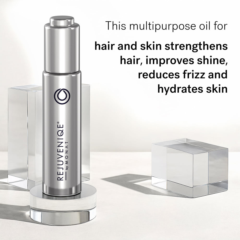 MONAT REJUVENIQE Oil on hair ends for frizz control and shine.