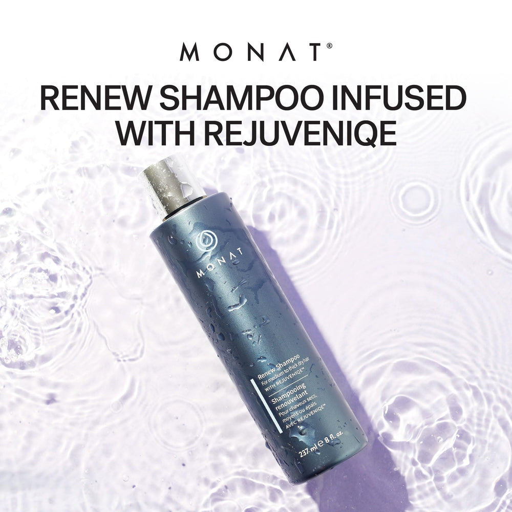 MONAT Renew Shampoo bottle delivering shine-boost on damp hair