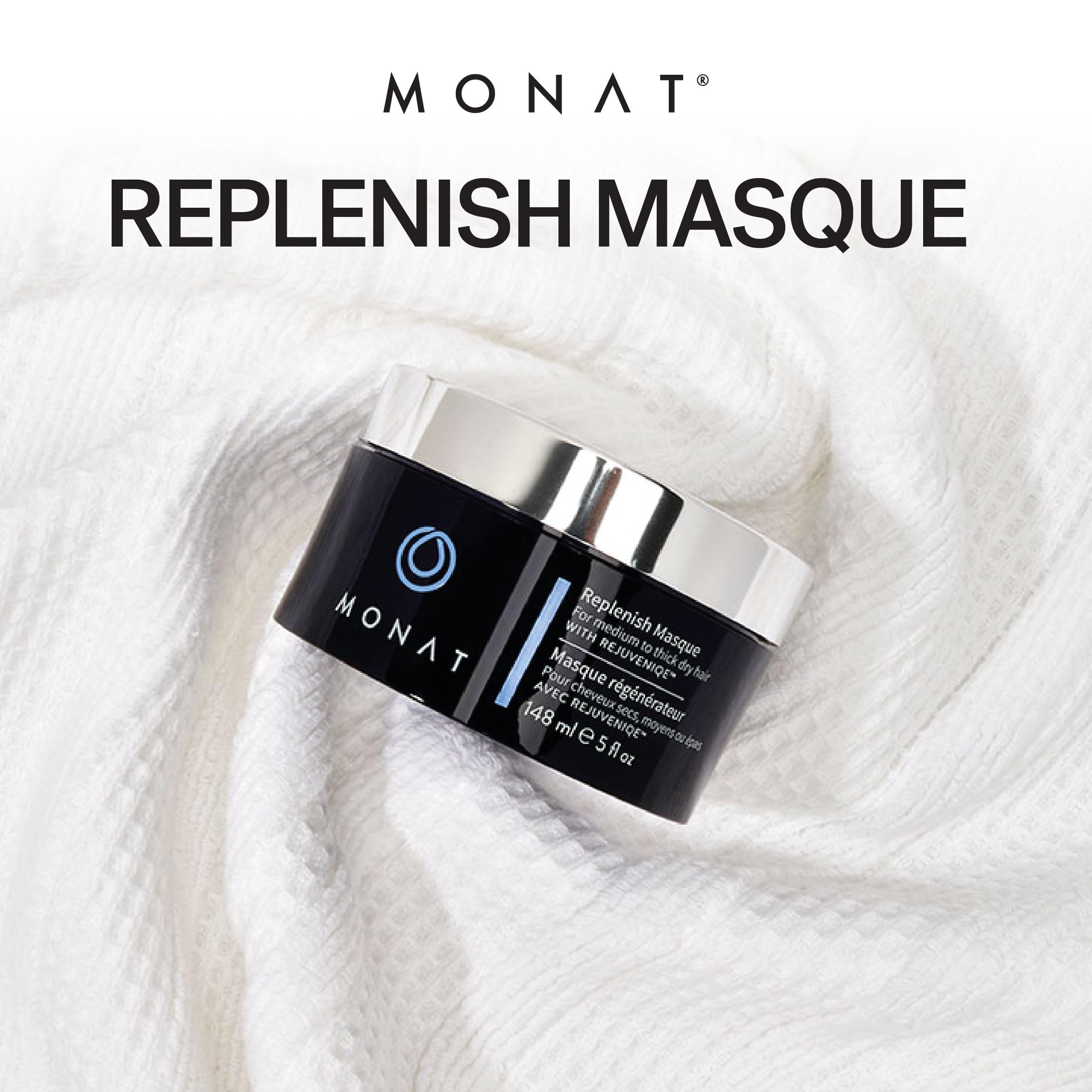 MONAT Replenish Masque application on hair illustrating smoothing effect